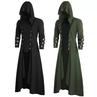 Buy Mens Halloween Costume Faux Leather Gothic Steampunk Hoodie Coat Long Jacket AU • 33.46£