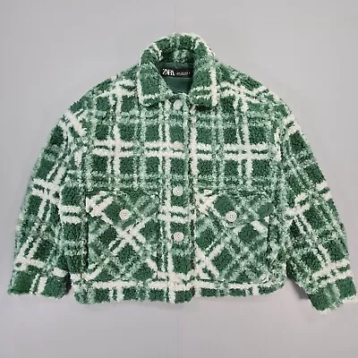 Buy ZARA Womens Sherpa Jacket Green Small Tartan Plaid Check • 19.99£
