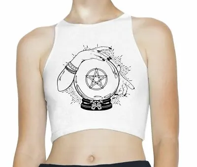 Buy Crystal Ball Witch Pentagram Design Tattoo Hipster Sleeveless High Neck Crop Top • 12.95£