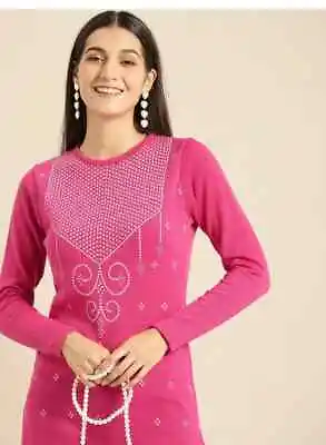 Buy Winter Wear Woolen Kurti With Hand Block Print Pink Long Coat Top For Women • 27.47£