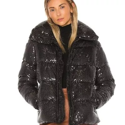 Buy Unreal Fur Black Sequin Puffer Jacket Front Zip High Collar Sz S • 142.08£