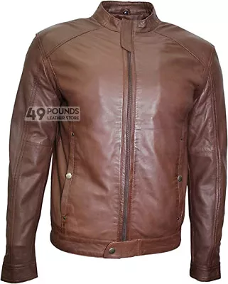 Buy Men's Brown Short Casual Biker Motorcycle Style Real Leather Jacket 8003 • 41.65£