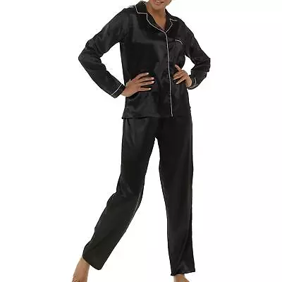 Buy A2Z Ladies Black Silk Satin Pyjamas Button Top Bottom Sleepwear Bride PJS Set • 17.99£