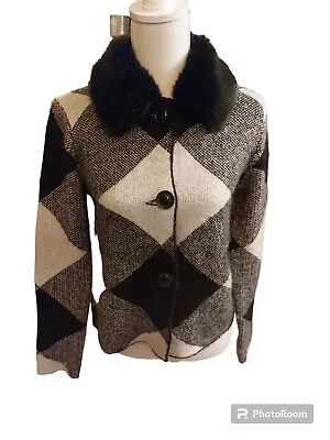 Buy Cynthia Rowley Size S Black & White Squared Jacket With Black Fur Collar • 15£