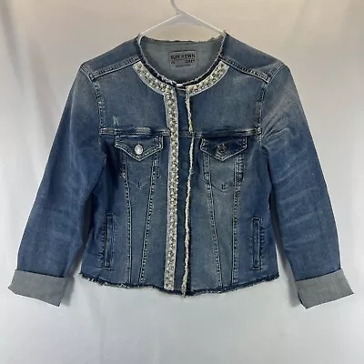 Buy Ruff Hewn Women's Medium Blue Wash Beaded Accent Snap Up Jean Jacket Size XS • 23.63£