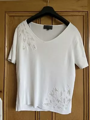 Buy CASAMIA White Short Sleeved Jumper With Bead & Embroidery Detail Size Medium • 4.99£