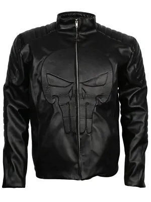 Buy The Punisher Skull Embossed Emblem Men's Black Motorcycle Genuine Leather Jacket • 84.95£