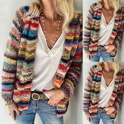Buy COTTON Women Knit Cardigan Jacket Rainbow Striped Sweater Thin Loose Casual Coat • 7.20£