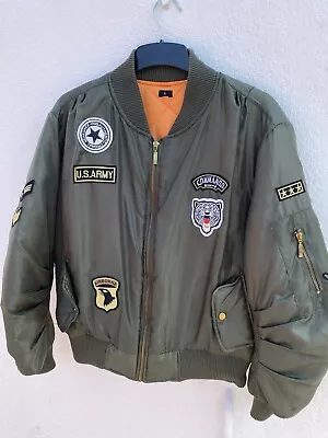 Buy Green Bomber Jacket With Patches Size L Army Look Cool • 10£