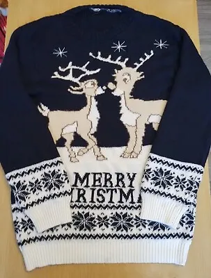 Buy Ladies Long  Blue/White Kissing Reindeer Christmas Jumper Size M • 6£