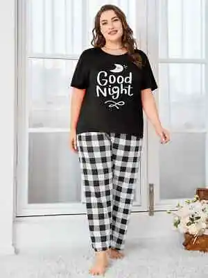 Buy Pyjama Set Plus  22 24 26 28 Black Slogan Plaid Pants Stretch Loungewear Comfort • 13.49£