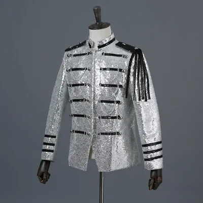 Buy Men Sequin Hussar Jacket Blazer Military Drummer Steampunk Parade Suit Shiny  • 67.07£