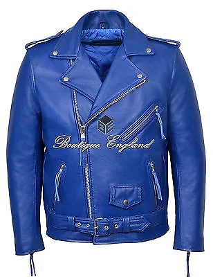 Buy 'BRANDO BLUE' Men's Classic Motorcycle Biker Cowhide Real Leather Jacket • 99£