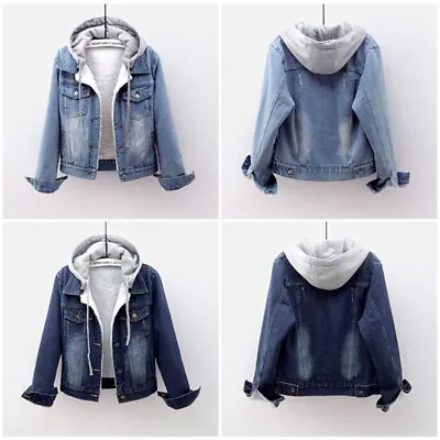 Buy Women Denim Jeans Jackets Hooded Thick Fleece Lining Short Vintage Sweatshirt • 20.66£