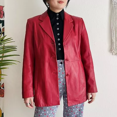 Buy Vintage 1990s Red Button Up Genuine Leather Jacket Women’s Medium • 80.32£