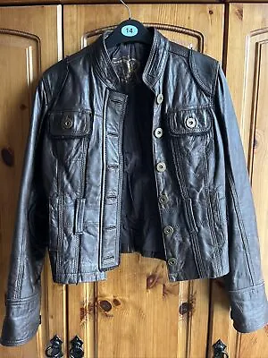 Buy Gorgeous River Island Brown Leather Jacket UK 8-10 Steampunk Biker Military Boho • 30£