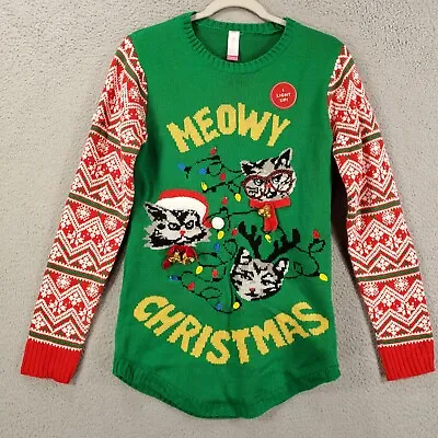 Buy New No Boundaries Sweater Juniors Meowy Christmas Cats Bells Sequins Light Up • 18.94£