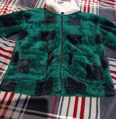 Buy Ladies Green Check Teddy Fleece Jacket Sz Small (40 ) • 8.50£