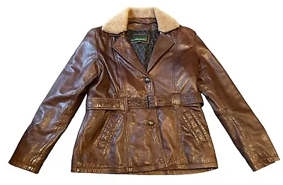Buy Hide Park Ladies Fitted Brown Leather Jacket With Belt Size Small Vintage • 39.99£
