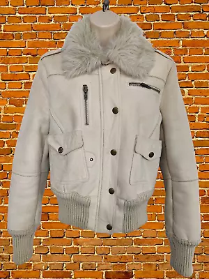 Buy Womens Mango Size Eur M Medium Beige Faux Suede Bomber Jacket Coat Fur Collar • 14.99£