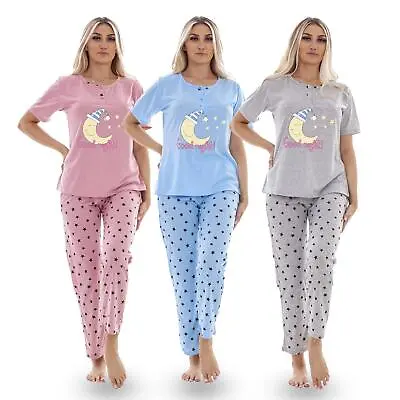 Buy Ladies Pyjama Set Stars Moon Short Sleeve Buttons Cotton Loungewear PJs M To XXL • 12.95£