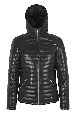 Buy Ladies PUFFER Hooded Leather Jacket Real Napa Quilted Padded Fashion Jacket 6188 • 159.99£