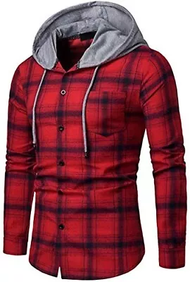 Buy Iris Sprite Men Hooded Plaid Shirts Splice Sweatshirt Long Sleeve Red-A114 S,XXL • 18.99£