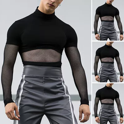 Buy UK Mens Mock Neck Long Sleeve Tops Pullover Mesh Patchwork Solid Shirts Blouse • 13.99£