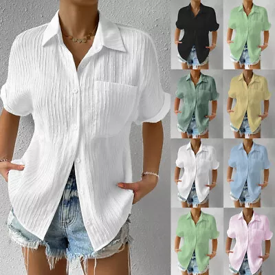 Buy Ladies Tops Button T Shirts Womens Holiday Short Sleeve Casual Loose Tee SIZE Uk • 3.60£