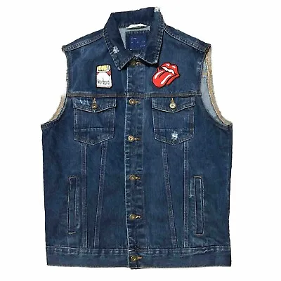 Buy Zara Man Blue Denim Vest Sleeveless Jacket Embroidered Patch Band Size Large L • 24.99£