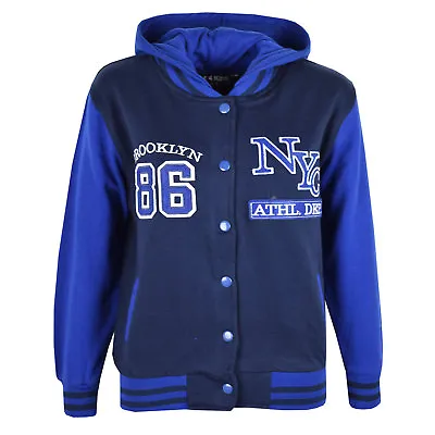 Buy Kids Girls Baseball NYC ATHLETIC Navy Hooded Jacket Varsity Hoodie Age 5-13 Year • 11.99£