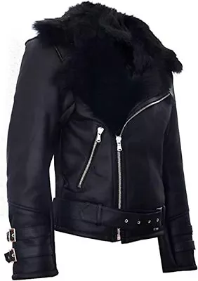 Buy Women Aviator RAF Bomber Fur Shearling Sheepskin Real Leather Biker Jacket • 141.55£