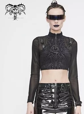 Buy Devil Fashion: Cyberpunk XS Black Goth Fetish, Crop Top, Zip Neck, Mesh, Buckles • 37.80£