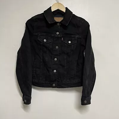 Buy Levis Women’s Denim Premium Big E Black Button Up Trucker Jacket Small Cropped • 25£