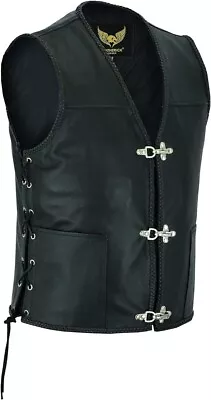 Buy Leatherick Fishhook Buckle Braided Black Real Leather Side Lace Biker Waistcoat • 25£