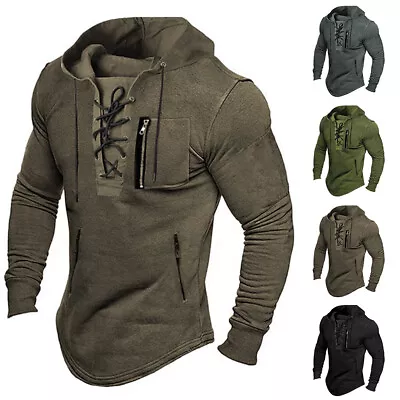 Buy Mens Lace Up Fitness Combat Hoodie Hooded Tshirt Long Sleeve Gym Tops Sweatshirt • 14.69£