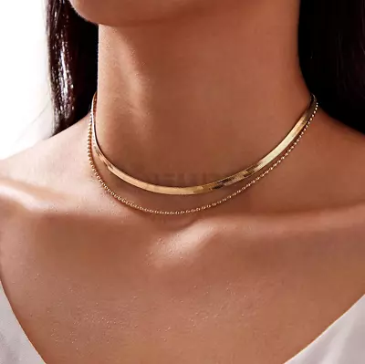Buy Snake Chain Womens Layer Herringbone Choker Double Gold Necklace Jewellery Gift • 4.99£