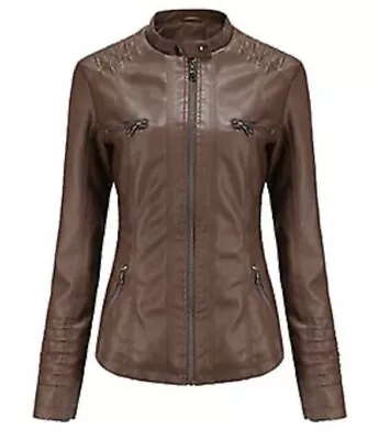 Buy Faux Leather Tan Brown Ladies Biker Jacket With Removable Jersey Hood 16 Bnwot • 19.99£