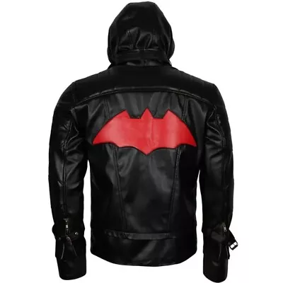 Buy Men's Black Leather Hooded Jacket And Vest Bat Logo Biker Jacket • 83.99£
