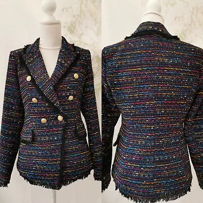 Buy Ladies Jacket By Attentif Paris Size UK 10 EU 36 Blue Multi Long Sleeves Pockets • 29£