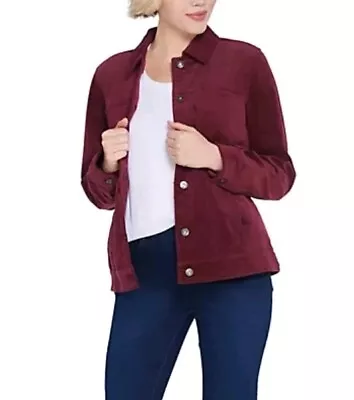 Buy Denim & Co. Velveteen Button Front Denim Style Jacket, Burgundy, New, Size UK M • 20£