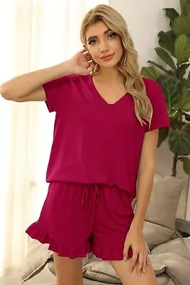 Buy Summer Pyjamas Set Pjs Women Shirts Tops Ruffle Shorts Loungewear Nightwear Size • 14.27£