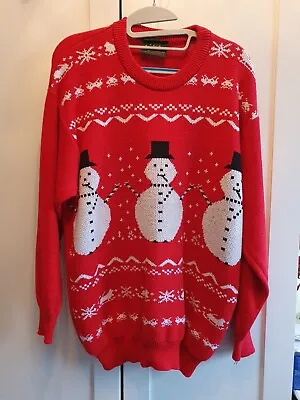 Buy Adult Unisex Size Medium Red Snowman Pattern Christmas Jumper • 5.99£