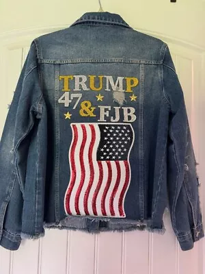 Buy Custom Trump 47 & FJB-Yes I'm A Trump Girl Jean Jacket Distressed US Flag Sequin • 251.02£