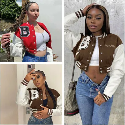 Buy Winter Long-Sleeve Baseball Jacket Faux Leather Patchwork Button Bomber Jackets • 18.61£