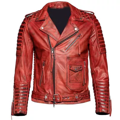 Buy Men's Biker Slim Fit Sheepskin Classic Motorcycle Red Genuine Leather Jacket • 77.89£