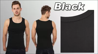 Buy 3 Pack Mens Sleeveless Vests 100% Cotton Double Ribbed Stretch Regular Fit Black • 12.97£