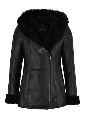 Buy Ladies B3 Flying Sheepskin Shearling Jacket Black Fur Hooded 100% Genuine NV 39 • 320£