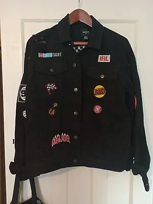 Buy Forever 21 Man's Distressed Black Denim Jacket With Patches. XL. Quality Item. • 95£