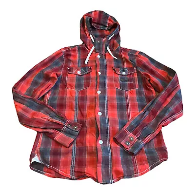 Buy Bench Mens Red Check Long Sleeve Causal Zip Hooded Shirt Jacket Size Medium Slim • 12.54£